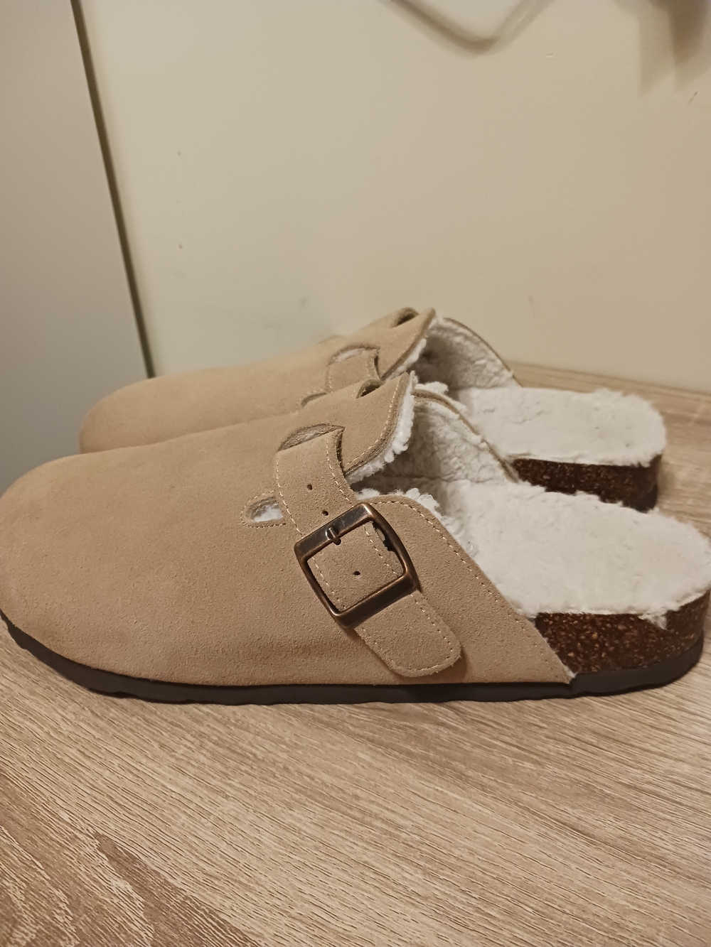 Beige Faux-Suede Slip-On Clog with Shearling Lining